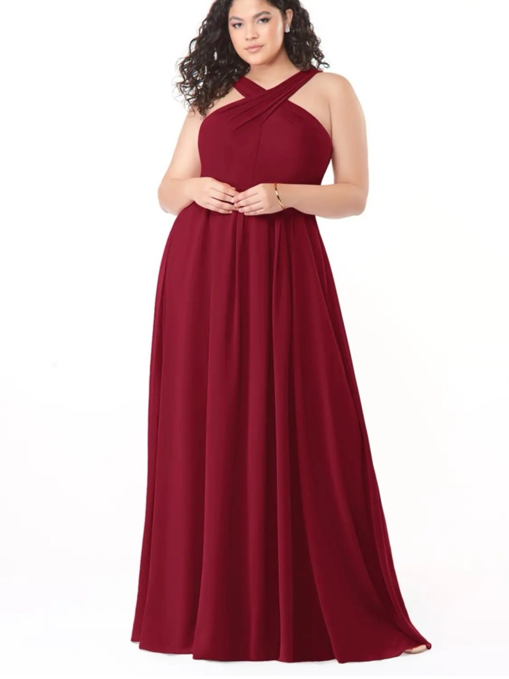 Azazie Deep Wine Red Cross Halter Empire Waist Wrap Bow Hi Low Bridesmaid Dress